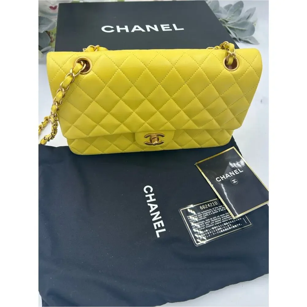 Women's Chanel Classic Quilted double Flap Bag in Yellow with Gold Hardware